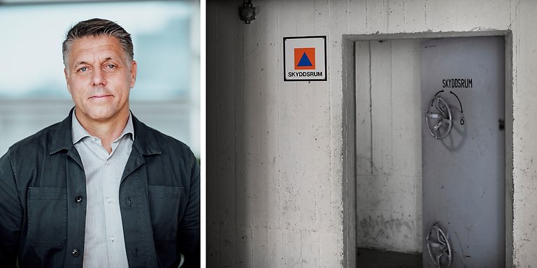 Försvarsdirektör Peter Ryman och en bild på ett skyddsrum