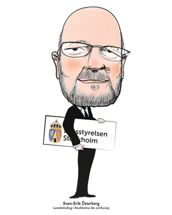 Illustration av Sven-Erik Österberg. I famnet håller han en skult med Länsstyrelsen Stockholms namn och logotyp. 
