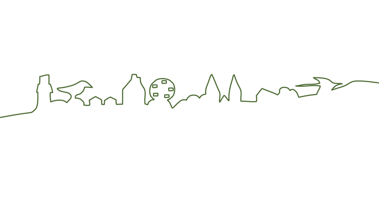 Grön linje i form av ett landskap och stad i siluett.
