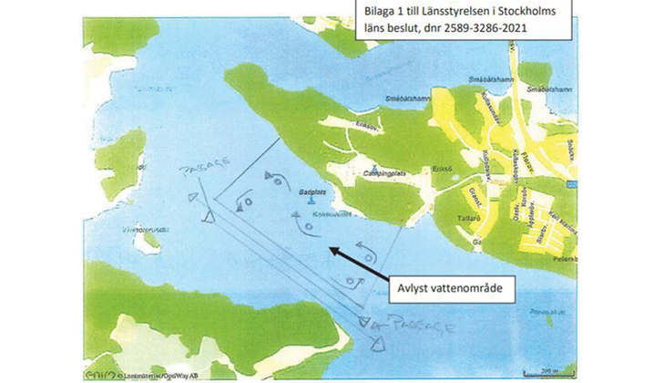 Bilaga 1 till Länsstyrelsen i Stockholms läns beslut, diarienummer 2589-3286-2021. En karta som visar platsen för avlyst vattenområde.