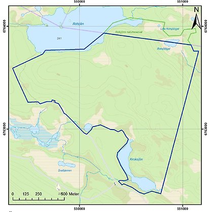 Kartbild med naturreservatet Rotsjön inringat. Kartillustration.