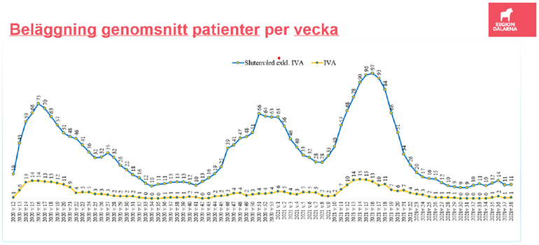 Graf som visar antalet covid-19-patienter i Dalarna. Grafen visar att det varit 11 inneliggande patienter och en IVA-patient föregående vecka. 