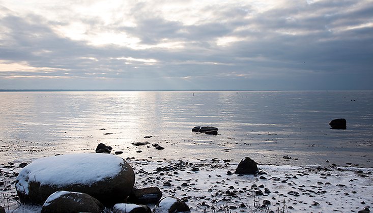 Utsikt över en isig Östersjö med stenare och snö i förgrunden och solen som försöker bryta igenom molnen.
