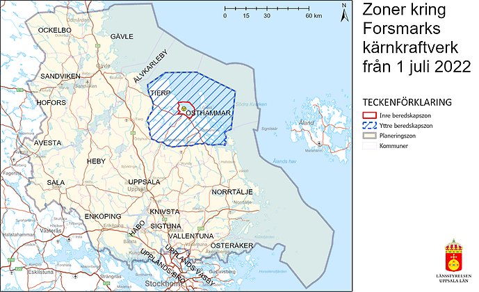 Karta över beredskapszoner och planeringszoner runt Forsmarks kärnkraftverk