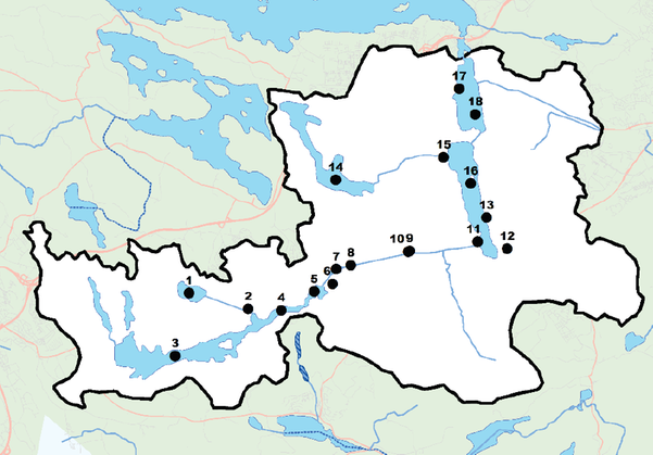 Karta över berörda mätstationer inom Tumbaåns avrinningsområde.