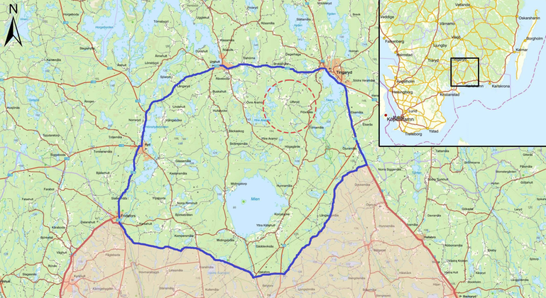 Skyddsjaktsområdet som är runt sjön Mien i huvudsak. En ring runt ett område i nordöst visar ungefär var vargen fälldes.