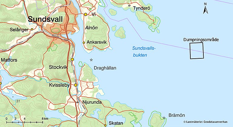 Karta över Sundsvallsbukten där en markering finns för ett dumpningsområde för tunnor med kvicksilverhaltigt avfall.