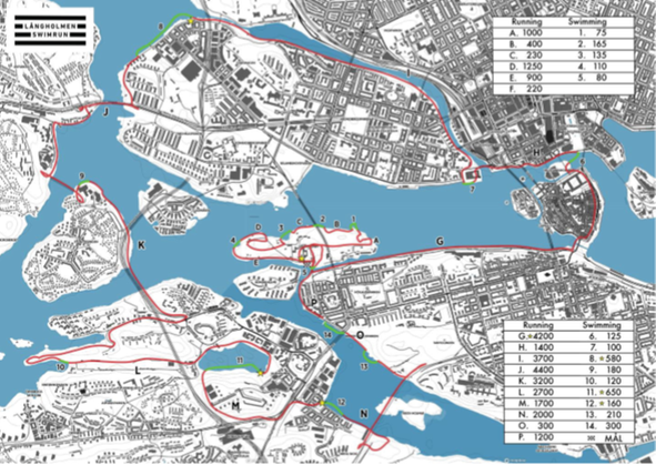 Översiktskarta över sträckorna på Långholmen swimrun 2020.