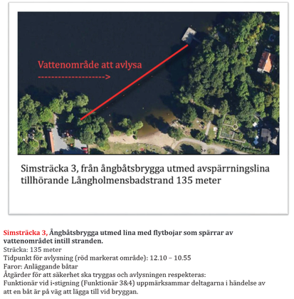 Karta över simsträcka 3: från ångbåtsbrygga utmed avspärrningslina tillhörande Långholmensbadstrand 135 meter.