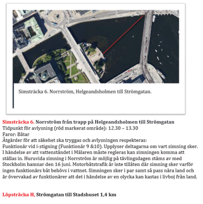 Karta över simsträcka 6: Norrström från trapp på Helgeandersholmen till Strömgatan.