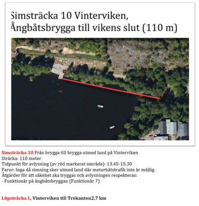 Karta över simsträcka 10: Vinterviken, ångbåtsbrygga till vikens slut. 110 meter.