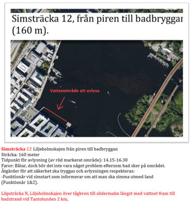 Karta över simsträcka 12: Liljeholmskajen från piren till badbryggan. Sträcka 160 meter.