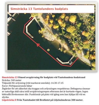 Karta över simsträcka 13: utmed avspärrning för badplats vid Tantolundens badstrand. Sträcka 240 meter.