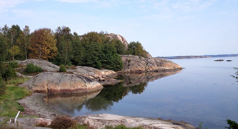 Klippor, liten sandstrand och skog vid ett stilla vatten.
