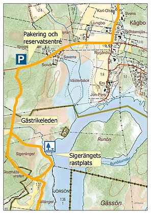 Karta över parkeringsmöjligheter, entrén på Kågbovägen.