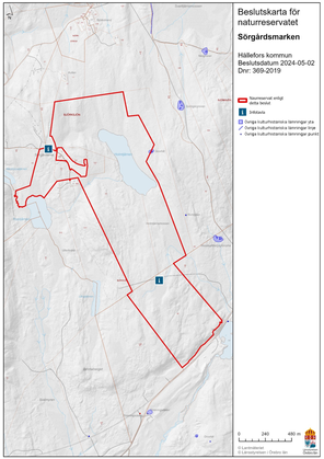 Beslutskarta som visar naturreservatets gräns samt plats för informationsskylt