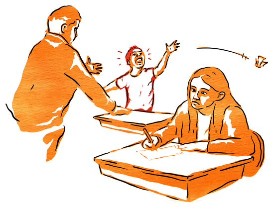 illustration av två elever som sitter i en skolbänk och en lärare