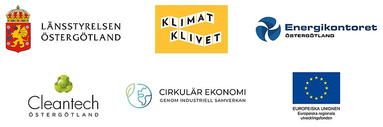 Logotyper för Länsstyrelsen Östergötland, Klimat Klivet, Energikontoret Östergötland, Cleantech Östergötland, Cirkulär ekonomi genom industriell samverkan och Europeiska regionala utvecklingsfonden.
