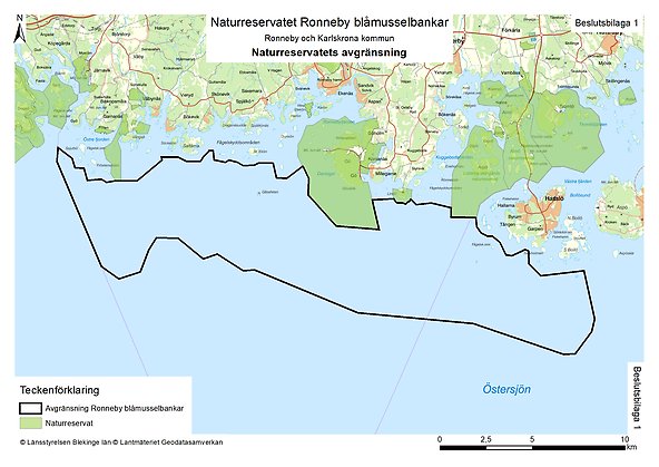 Karta med reservatsgräns för Ronneby blåmusselbankar. Länsstyrelsen Blekinge